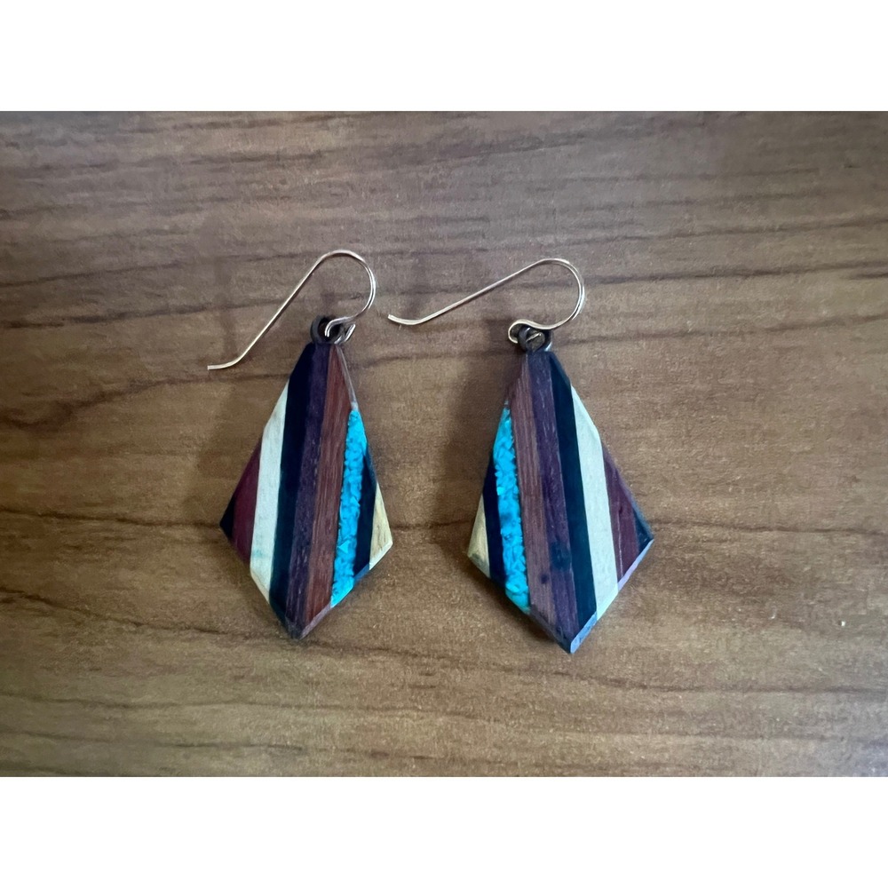Handmade Reclaimed Wood Inlay Geometric Teardrop Earrings Turquoise Striped Boho